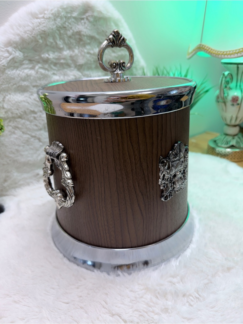 Faux Woodgrain Ice Bucket with Chrome Medieval 🏰 Accents - Picture 2 of 6